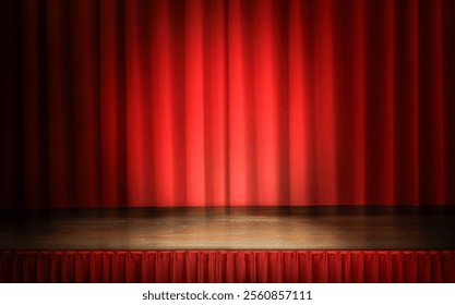 Background with empty stage for indoor performance with red velvet curtains and wooden platform illuminated with spotlight and various decorations in red fabric.