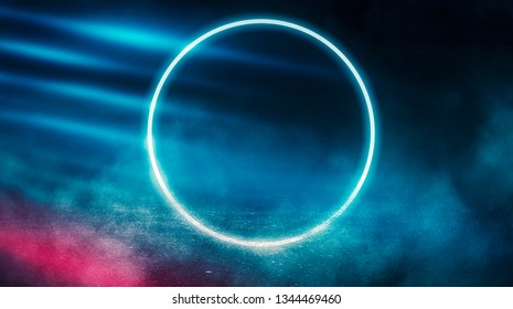 Background of empty stage, room. Reflection on wet pavement, concrete. Neon blurry lights. Neon circle figure in the center, smoke