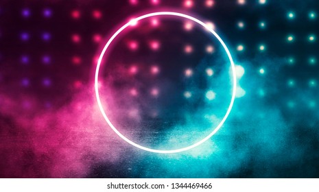 Background of empty stage, room. Reflection on wet pavement, concrete. Neon blurry lights. Neon circle figure in the center, smoke