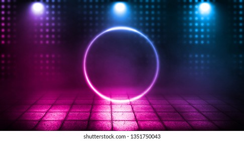 Background of empty stage, room. Reflection on wet pavement, concrete. Neon blurry lights. Neon circle figure in the center, smoke