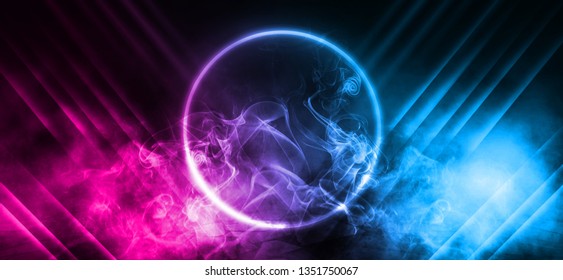 Background of empty stage, room. Reflection on wet pavement, concrete. Neon blurry lights. Neon circle figure in the center, smoke