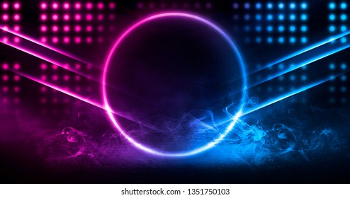 Background of empty stage, room. Reflection on wet pavement, concrete. Neon blurry lights. Neon circle figure in the center, smoke