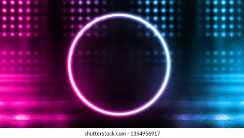 Background of empty stage, room. Reflection on wet pavement, concrete. Neon blurry lights. Neon circle figure in the center, smoke