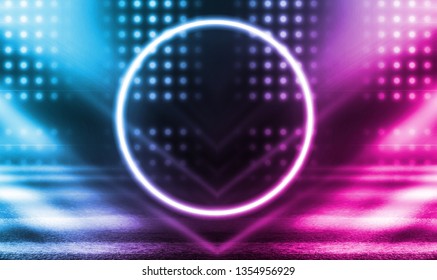 Background of empty stage, room. Reflection on wet pavement, concrete. Neon blurry lights. Neon circle figure in the center, smoke