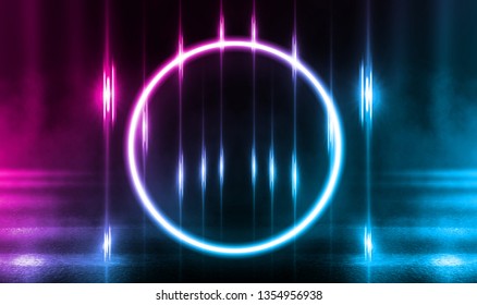 Background of empty stage, room. Reflection on wet pavement, concrete. Neon blurry lights. Neon circle figure in the center, smoke