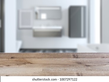 Background with empty wooden table. Flooring. Modern bathroom - Shutterstock ID 1007297122