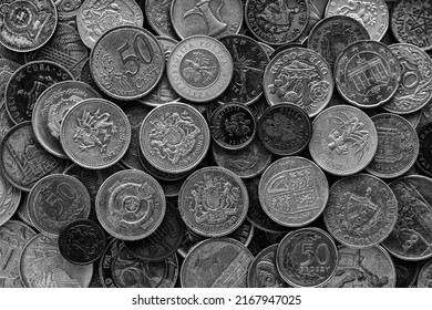 Background of Euro coins money.Numismatics.United kingdom Pound coin.US coins.Coins of different countries of the world. Iron money.Collection 