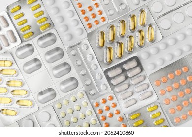 Background fill of many blisters of medical pills, tablets. Treatment concept. Top view of pharmacy drug. Healthcare concept. pharmaceutical background from medicaments. Vitamin