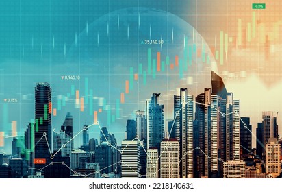 As background for a financial or business concept, digital screen and financial graphs overlap on a picture of modernistic cityscape, skyscrabbers. - Shutterstock ID 2218140631