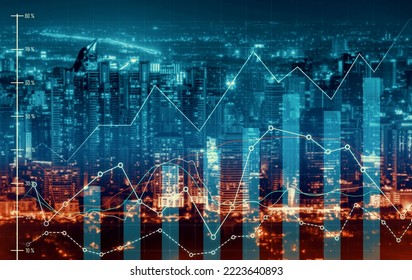 As background for a financial or business concept, digital screen and financial graphs overlap on a picture of modernistic cityscape, skyscrabbers. - Shutterstock ID 2223640893