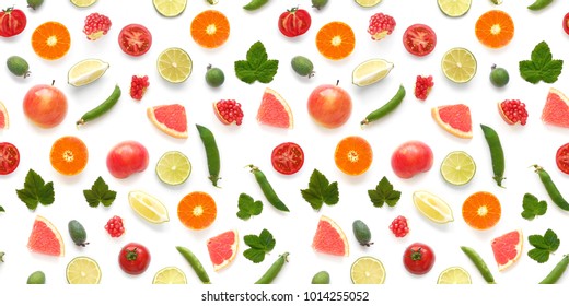 Background food texture. Seamless pattern of various fresh vegetables and fruits (grapefruit, currant leaf, green peas, tomato, apple, pomegranate) isolated on white background, top view, flat lay.  - Powered by Shutterstock