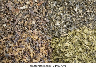 background of four seaweed dietary supplements: Irish moss, wakame, sea lettuce and bladderwrack