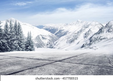 Background Of Free Space On Road And Trees Of Snow And Alps 