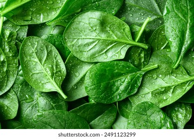 Background from fresh green spinach leaves with water drops. Texture of raw organic baby spinach close up. Food background