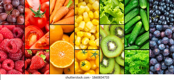 Hintergrund von Obst, Gemüse und Beeren. Frisches Essen. Gesundes Essen. Vitamine