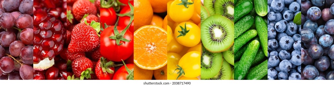Hintergrund von Obst, Gemüse und Beeren. Frisches Essen