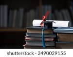 Background of graduation ceremony, people celebrated success of students receiving their higher education certificates, adorned with ribbon, against backdrop of black caps. education, higher.