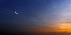 Background Of Half Moon And Starry Sky And Sunset Greeting Card For The Holy Month Of Ramadan Of Islam