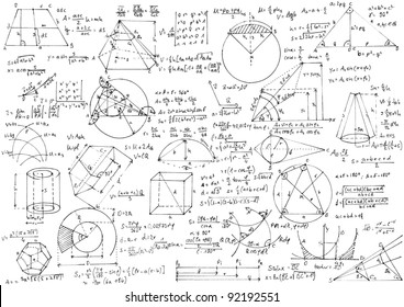 Background with hand written geometry formulas and geometric shapes and figures.