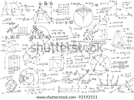 Background with hand written geometry formulas and geometric shapes and figures.