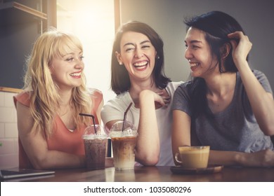 Background Of A Happy Group Of Close Friends Chatting And Talking Over Lunch In Coffee Shop. Beautiful Pretty Caucasian And Asian Women Sitting Together Very Enjoy And Laughing With Smile In Holidays