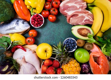 Background healthy food. Fresh fruits, vegetables, meat and fish on table. Healthy food, diet and healthy life concept. Top view, copy space
 - Powered by Shutterstock