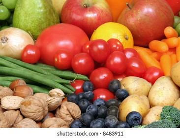 Background Of Healthy Fruits, Nuts And Vegetables.