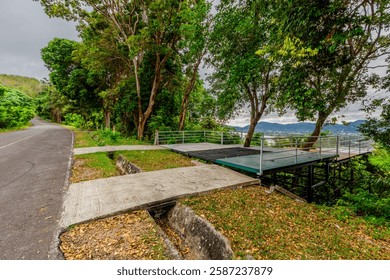 Background of high angle view from high mountain, see the sea, mangrove forest, various trees and sky light changes color according to the time of sunrise, the completeness of the ecosystem.