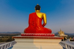 Background Of High Mountain Buddhist Attractions (Phra That San Khwang) In Chiang Rai Province Of Thailand. There Are Beautiful Old Buddha Images And Pagodas.
