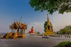Background Of High Mountain Buddhist Attractions (Phra That San Khwang) In Chiang Rai Province Of Thailand. There Are Beautiful Old Buddha Images And Pagodas.