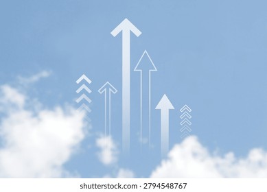 Background image featuring various upward-pointing arrows against a blue sky – symbolizing business success and growth