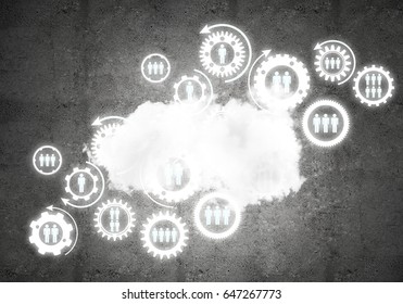 Background image with gears and cloud computing connection concept on concrete wall