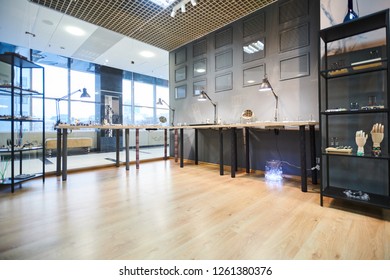 Background Image Of Glass Displays In Luxury Jewelry Store Interior Copy Space