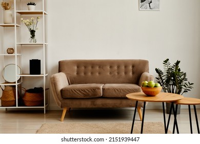 Background Image Of Minimal Living Room Interior With Velvet Couch And Green Apples Bowl On Wooden Table , Copy Space