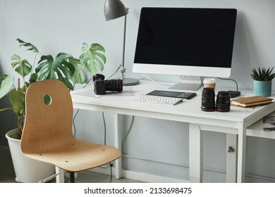 Background Image Of Minimal Photographers Workplace With Computer Set Up For Photo Editing