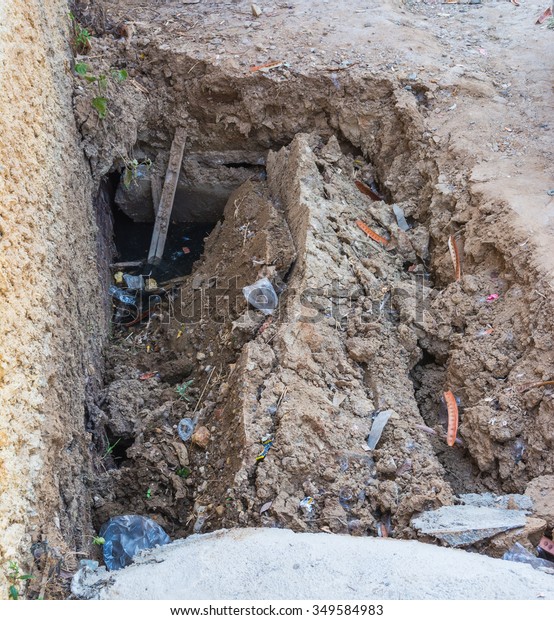 background image of poor construction ground\
basement after a\
landslide.
