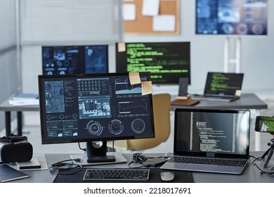 Background image of several computers with data and control panels in IT company office, copy space