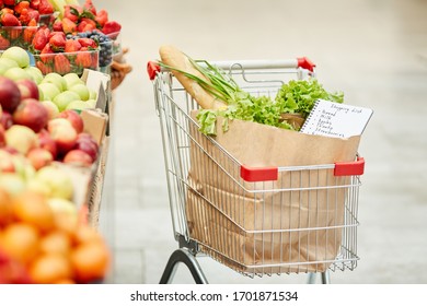 Background Image Of Shopping Cart With Fresh Groceries In Supermarket, Copy Space, No People