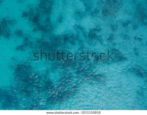 青緑色の海の背景画像 深海とサンゴ 美しいカリブ海の上の景色 青緑色の水の空撮ドローンショット 文字用のスペース アクアマリン背景 の写真素材 今すぐ編集