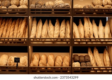 Background image of various fresh breads on shelf in artisan bakery with rustic setup, copy space