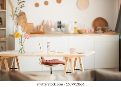 Background Image Of Warm Toned Home Interior With Cozy Wooden Kitchen And Flowers On Table, Copy Space