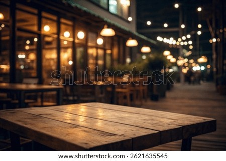 background Image of wooden table in front of abstract blurred restaurant lights