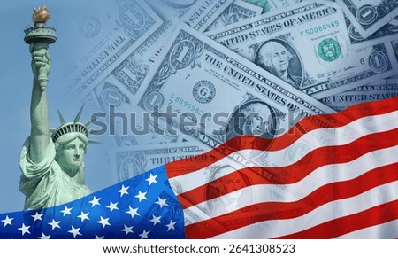 Background images of statues, flags and dollars.