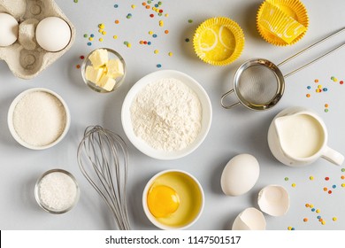 Background With Ingredients For Cooking, Baking, Flat Lay, Top View.