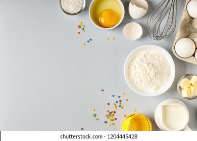 Background With Ingredients For Cooking, Baking, Flat Lay, Top View.