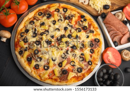 Background from Italian pizza, and ingredients. Pizzeria, restaurant, recipe book, home cooking