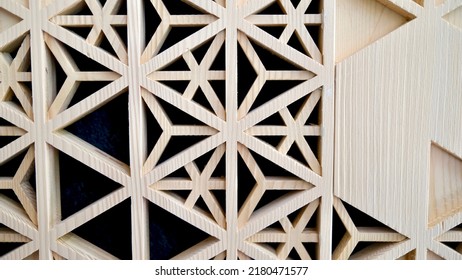 Background Of Japanese Wood Craft Wall, Joint Wood, Abstract Geometric Shape, And Pattern, Suitable For Wallpaper, Eco, And Natural Concept 