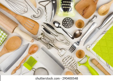 Background of kitchen utensils on wooden kitchen table - Powered by Shutterstock