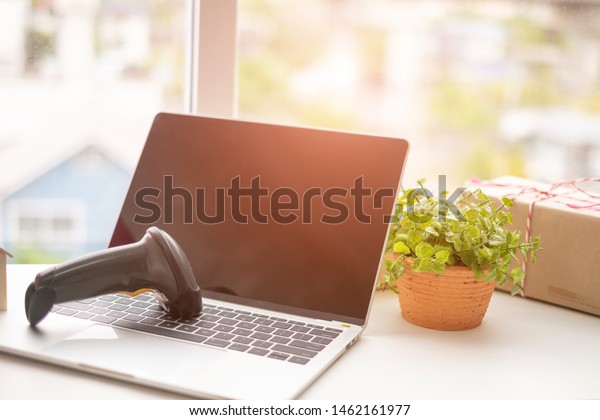 Background Laptop Barcode Scanner On Products Stock Photo Edit