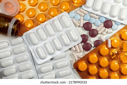 Background With A Large Group Of Assorted Capsules,bottle, Pills And Blisters. Illegal Doping In Sports 
